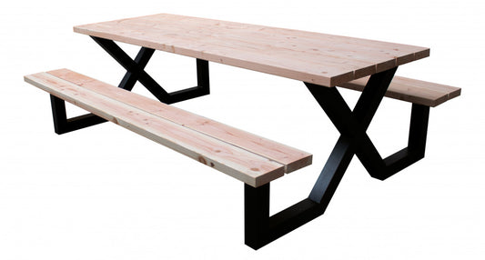 Douglas picknicktafel met stalen X-frame, 45 mm dik, bladmaat 190 x 80 cm, onbehandeld.