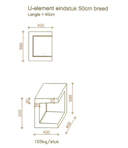 U-element eindstuk 400x400x500 mm antraciet